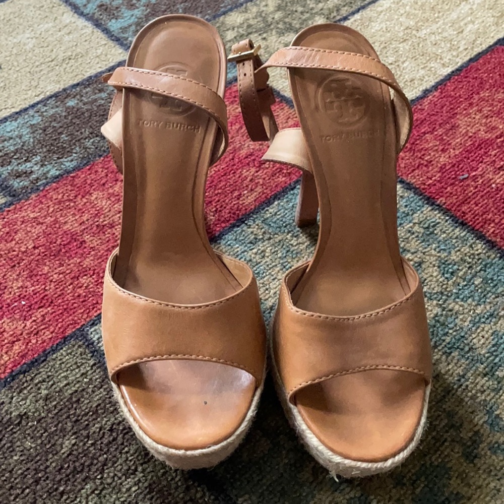 Tory Burch Bradshaw Camel Tan Leather Espadrille